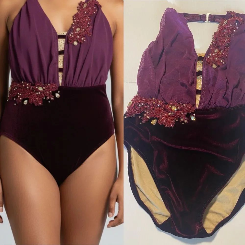 SoKali custom solo rhinestoned Dance Costume Leotard burgundy velvet SA adult